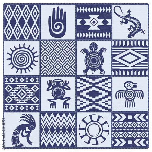 Illustration of Native Americans ethnic patterns and symbols: hand, sun, lizard, frog, bird, turtle, kokopelli. Blue shades.