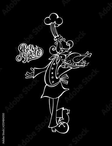 Chef. Cook. Cheerful cook invites to eat out. The effect of chalk on the Board. Bon appetit. Stylish lettering. Vector illustration