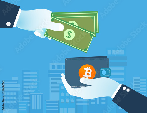 Dollars exchange Bitcoin cryptocurrency. Digital money exchange concept. cashless society.