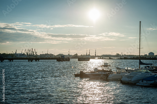 Baltic Sea bay with yachts at sunset at Tallinn, Estonia. Seaplane Harbour Tallinn. photo