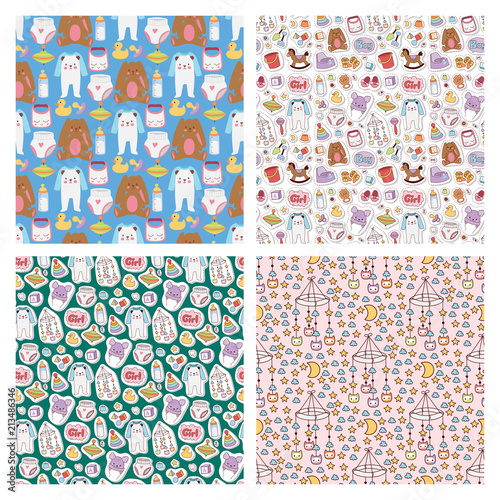 Baby toys icons cartoon family kid toyshop design cute boy and girl childhood art diaper love rattle seamless pattern background vector illustration.