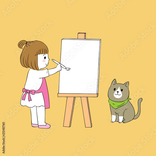 Cartoon cute little girl painting cat vector.