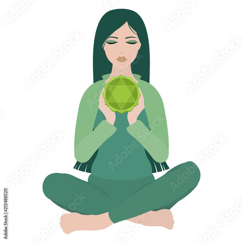 Illustration of a woman sitting in yoga lotus pose with heart chakra