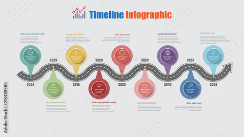 Road map business timeline infographic with 9 step pins designed for abstract background elements diagram planning process web pages digital technology data presentation chart. Vector illustration