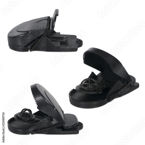collage of black plastic mousetrap isolated on white