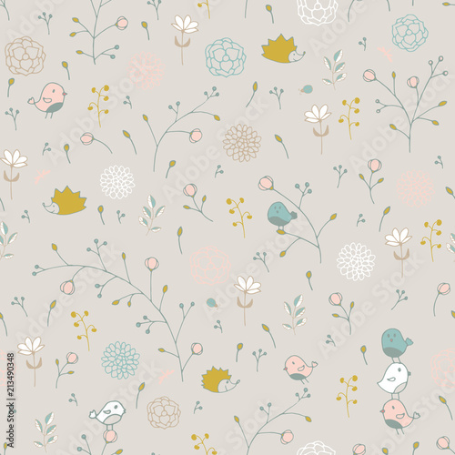 Seamless pattern with stylized nature. Berries, flowers, twigs, leaves, birds, hedgehogs, in the form of children's drawings.