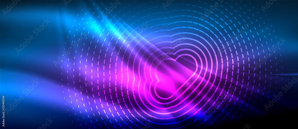 Neon glowing wave, magic energy and light motion background. Wallpaper template, hi-tech future concept