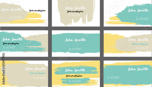 Drawn Business Cards Vector Template Collection. Ink, Oil Paint Brush Strokes Cool Banners Set. Creative Atristic Grungy Retro Corporate Identity. Funky Strokes Cool Business Cards Vector Template.