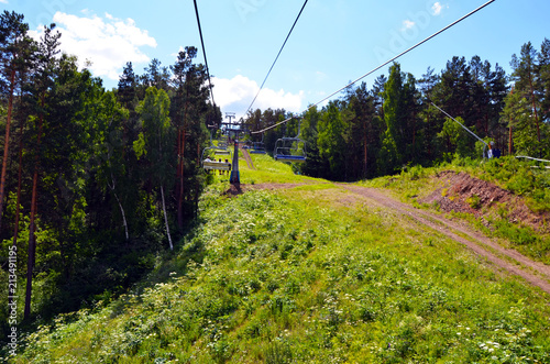 Cable car in the woods. Natural park. Journey. Entertainments. Leisure.