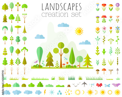 landscapes creator set. Vector elements for the forest designer. Illustration in a flat style. Collection of trees, flowers, bushes, grass.