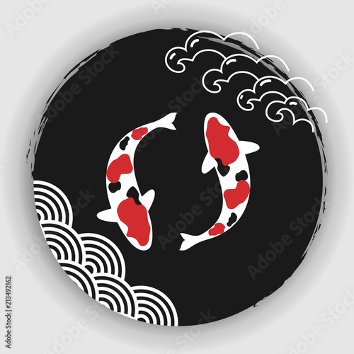 Koi carps with sun and wave. Hand drawn ink brushes in traditional Japanese style. Logo Template design vetor Illustration.