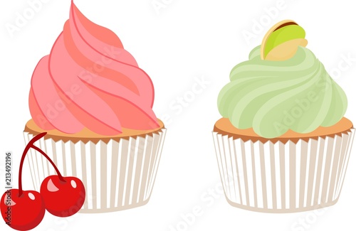 Pistachio cupcake and cherry cupcake. Vector cartoon illustration on white background