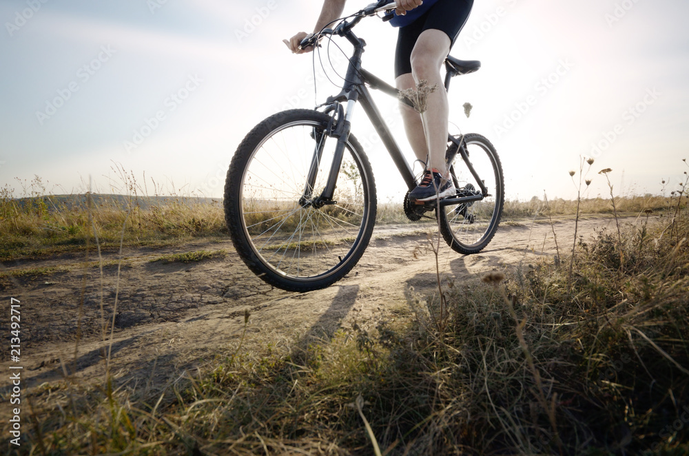 Obraz premium Male cyclist driving by rural dirt road outdoors. Low angle view