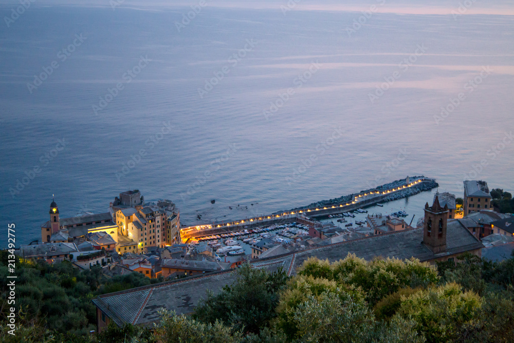 Obraz premium Aerial view of Camogli, Genoa province at dusk, Italy.