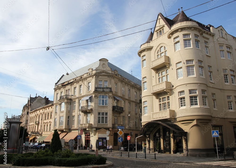 Historic elegant hotels and restaurants in the center of Lviv, Ukraine