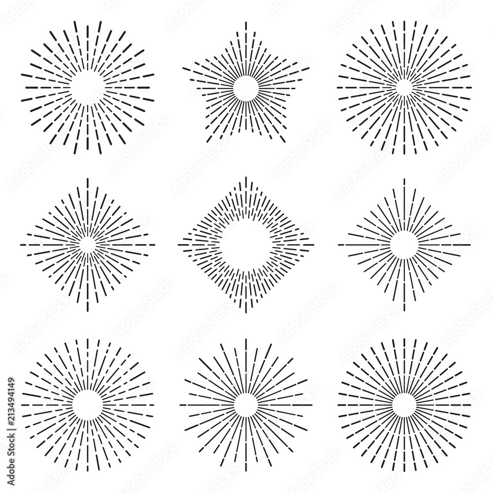 Retro sunburst. Elegant radiant sun rays lines. Vintage sunshine bursting circles, burst line abstract vector set