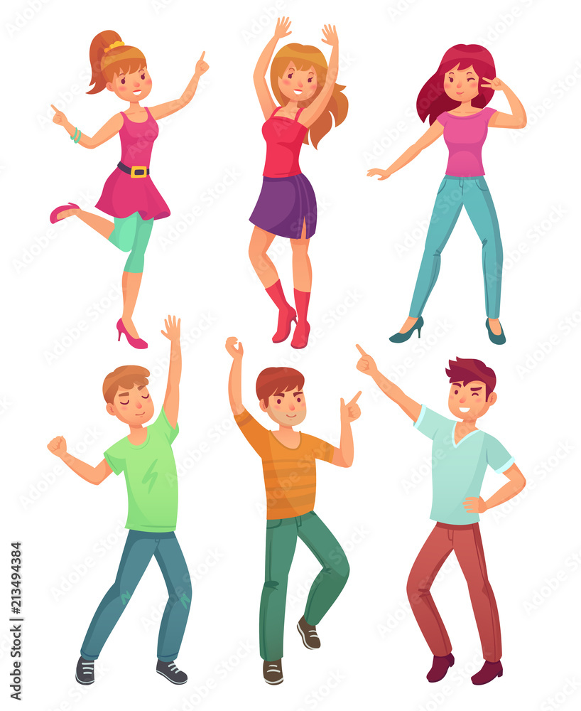 Cartoon people dance. Adult persons smiling and dancing at disco party. Funny partying person vector illustration set Cartoon people dance. Adult persons smiling and dancing at disco party. Funny partying person vector illustration set