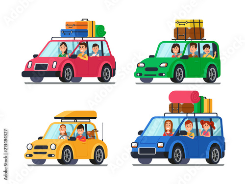 Family traveling cars. Happy people travel in car. Vacation trip with mother and father in minivan cartoon vector illustration