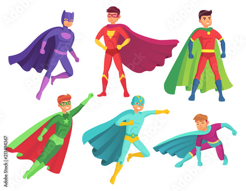 Superhero man characters. Cartoon muscular hero character in colorful super costume with waving cloak. Flying superheroes vector set