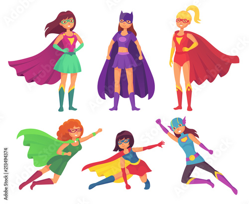 Superheroes women characters. Wonder female hero character in superhero costume with waving cloak. Super girls cartoon vector set