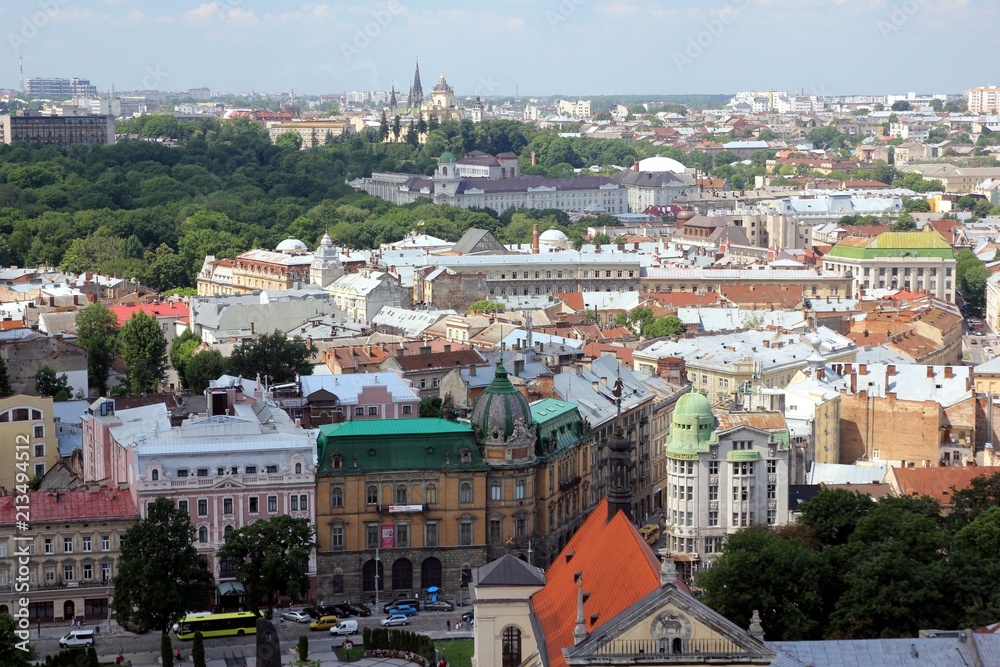 Svobody Ave and the old town in Lviv from a bird's eye view, Ukraine