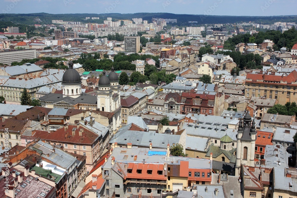Church of Transfiguration and the old town in Lviv from a bird's eye view, Ukraine