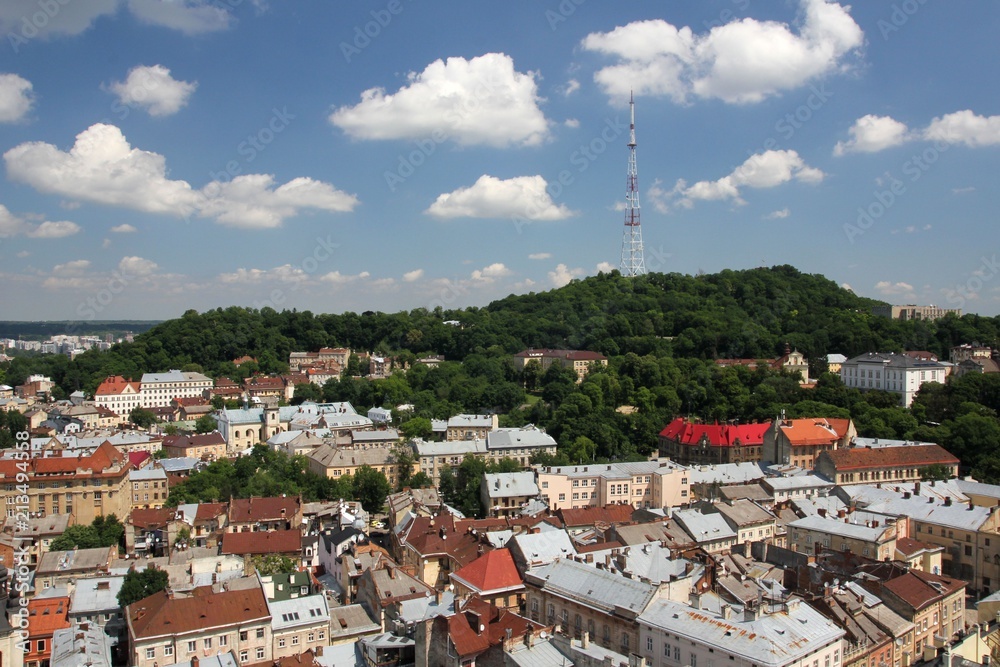 The Union of Lublin Mound and the old town in Lviv from a bird's eye view, Ukraine