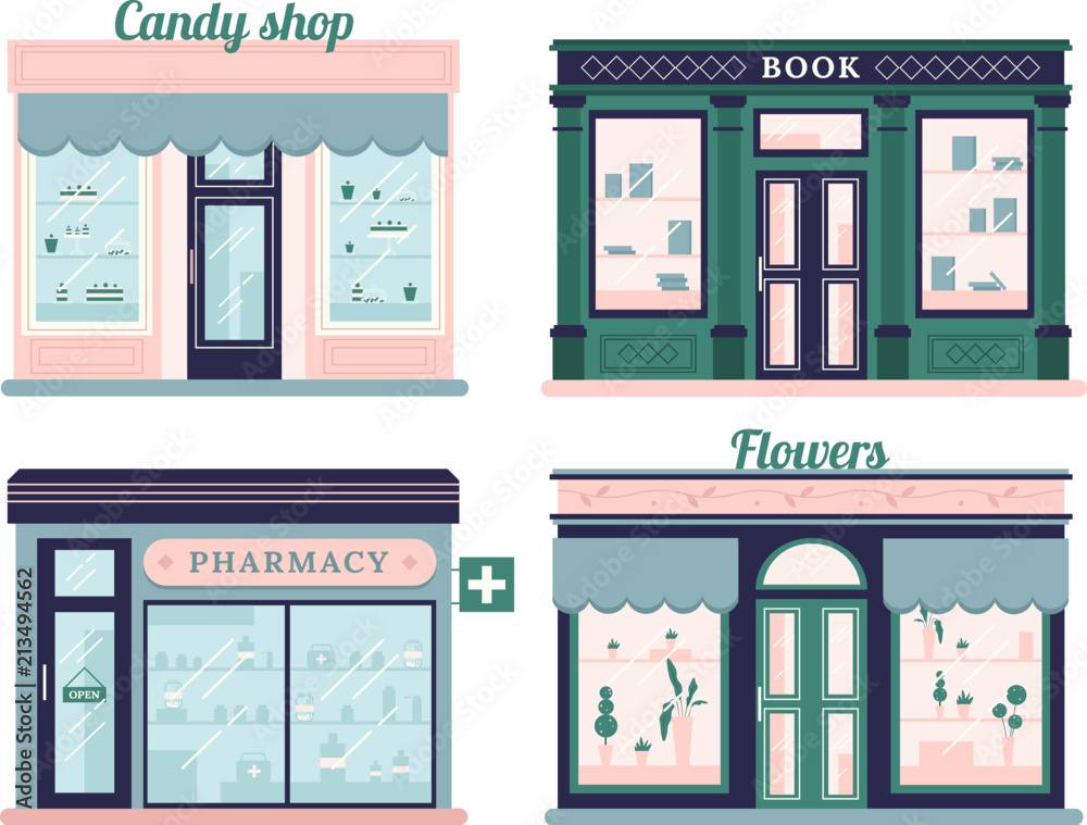 Modern stores set. Candy shop facade and urban book store. Local retail pharmacy and flowers boutique. Outdoor storefront vector set