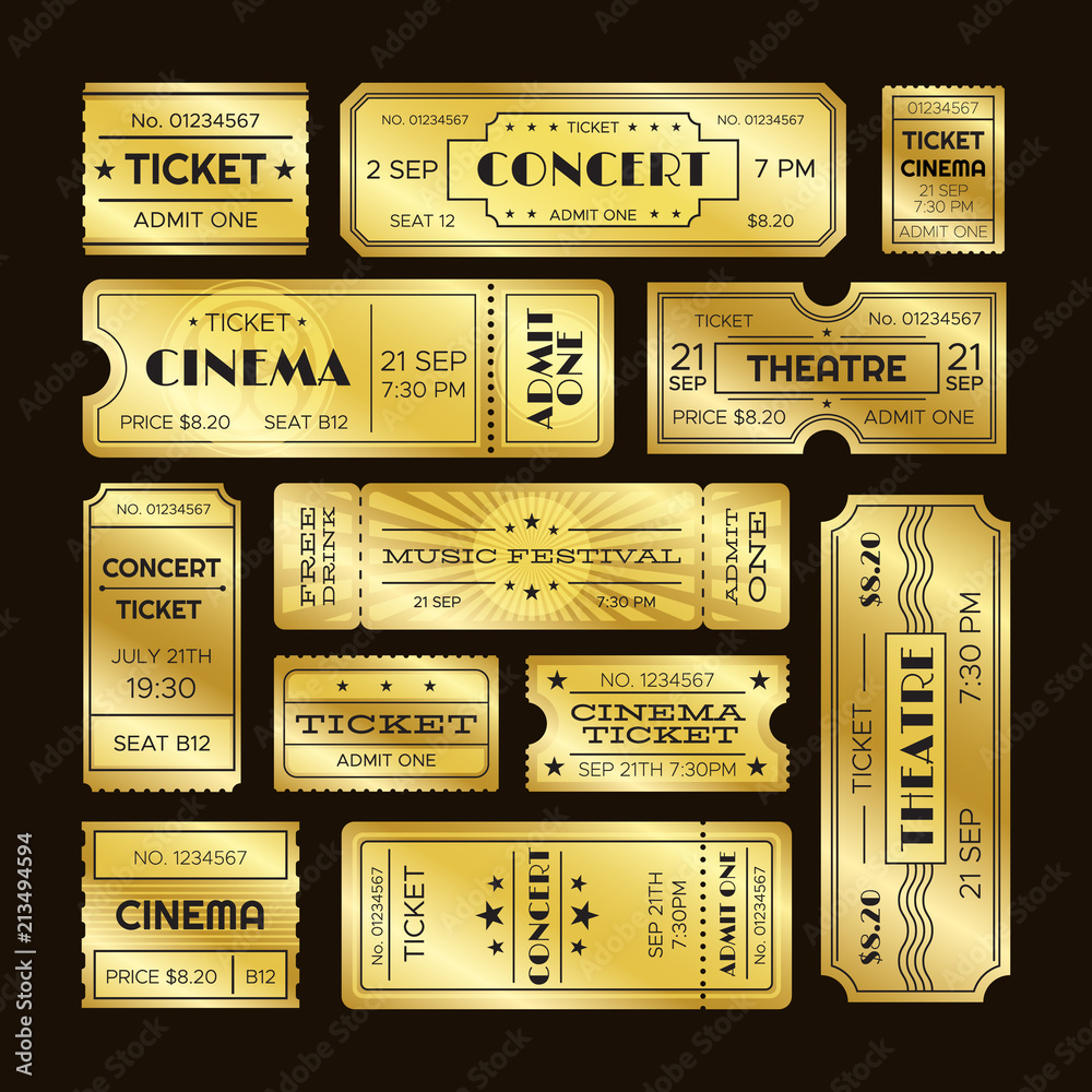 Vecteur Stock Golden tickets. Admit one gold movie ticket set. Vip party  coupon vector templates | Adobe Stock