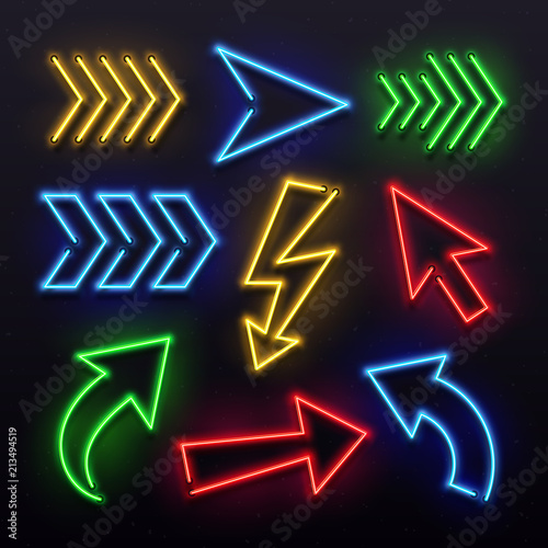Realistic neon arrows. Night arrow sign lamp lights. Shining arrowhead signs and glowing directional pointers vector set