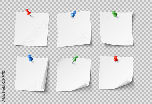 Note papers. White blank sticky notes with color pins. Nobody paper vector set isolated