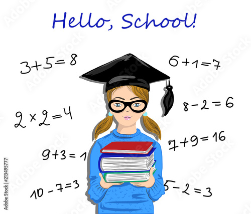 Hello school inspirational quote written on school blackboard. Pupil, student girl staying next to blackboard vector illustration