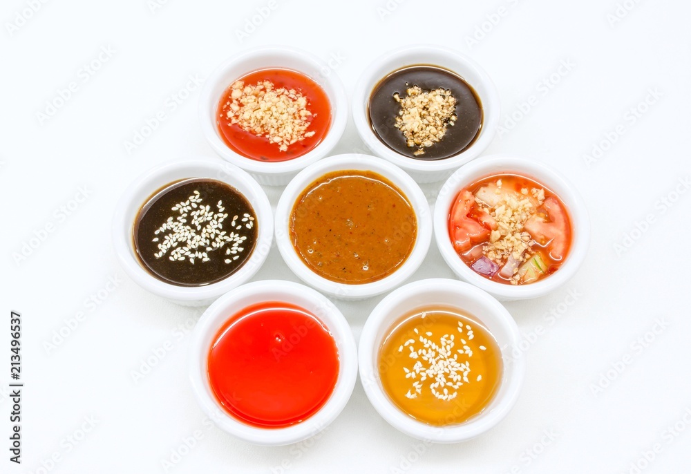 Hoisin sauce,Sweet and sour sauce,Peanut sauce,Honey dip, Cucumber salad in sweet sauce, and spring roll sauce. Hoisin sauce,Sweet and sour sauce,Peanut sauce,Honey dip, Cucumber salad in sweet sauce, and spring roll sauce.
