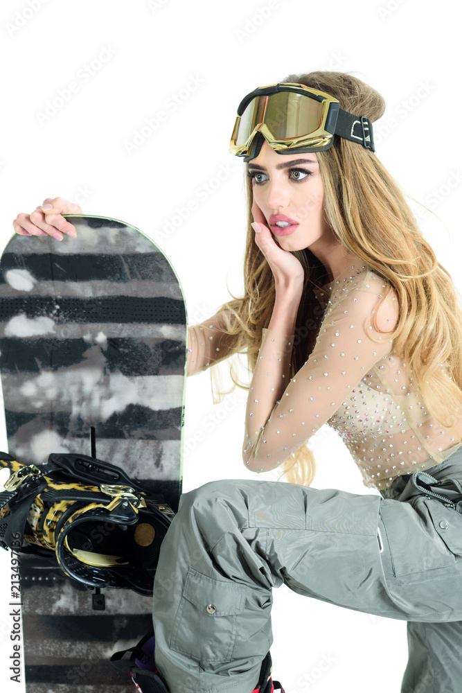 Winter time. Ski mask. Extreme sport. Snowboard girl. Portrait of surprised  girl with snowboard. Sport concept. Attractive athletic woman in ski mask.  Snowboard girl in safety glasses. Stock Photo | Adobe Stock