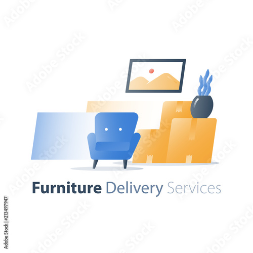 Move in home, furniture delivery service, fast relocation, armchair and pile of boxes