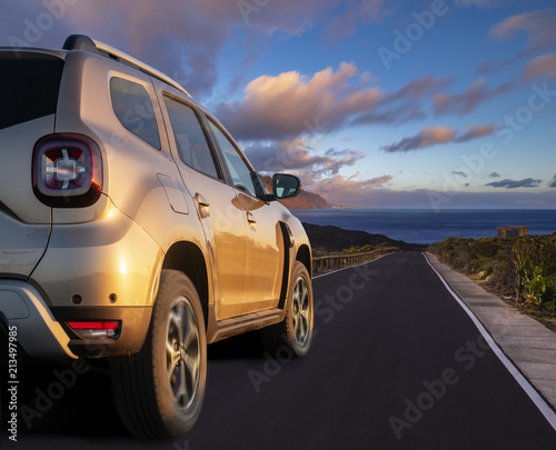 modern SUV speeding at high speed on the way leading to the ocean © Mike Mareen