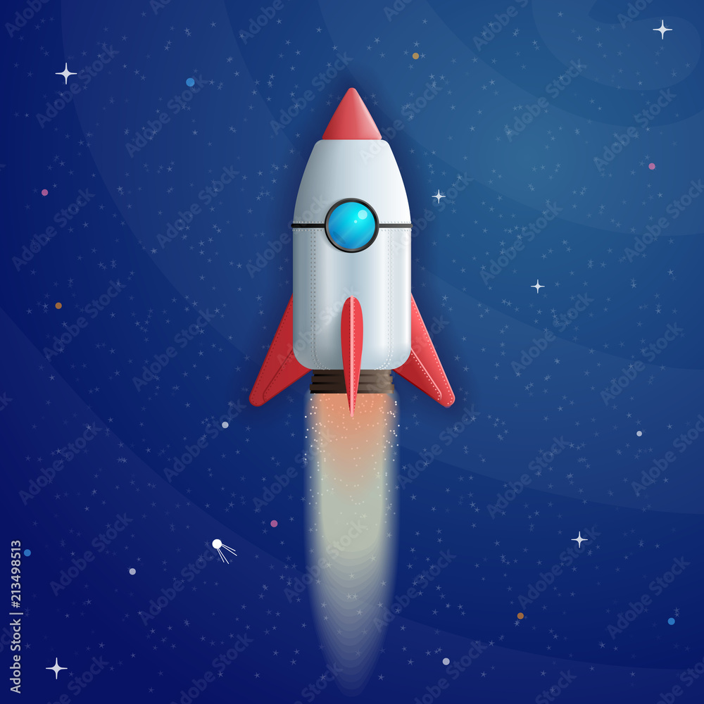 Cartoon rocket launch on space background in 3d style Cartoon rocket launch on space background in 3d style