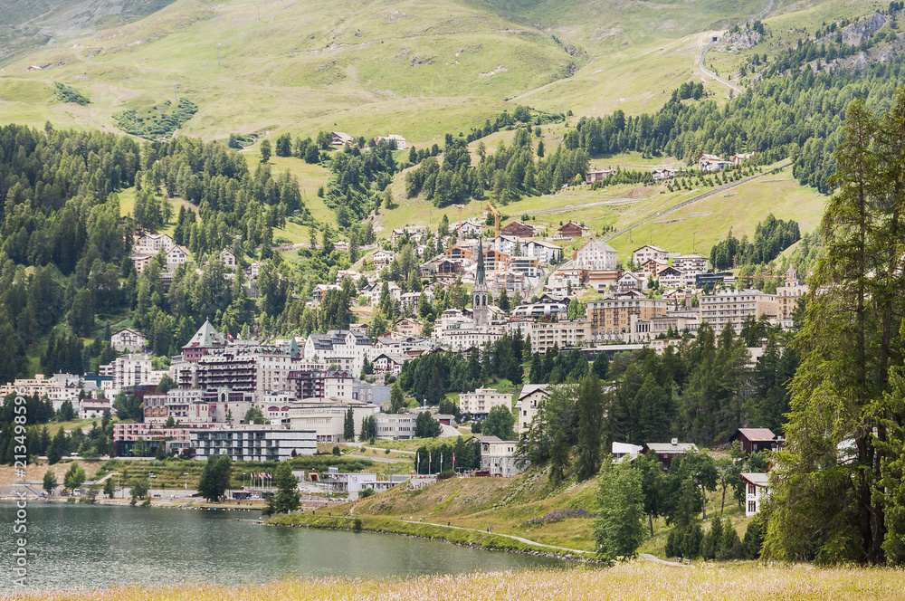 St. Moritz, St. Moritzersee, Corviglia, Dorf, Oberengadin, Alpen, Graubünden, Sommer, Schweiz