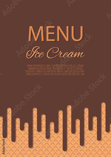 Dripping chocolate ice cream flowing over waffle texture background.