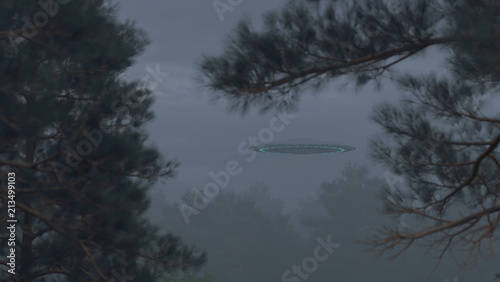 3d render UFO flies over the forest
