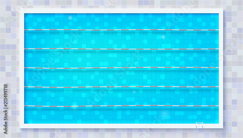 Paths for dip in the pool, top view. Blue ripped water in Olympic sport pool. The texture of the water and ceramic lining of the pool, flat lay. Vector template for events, cover