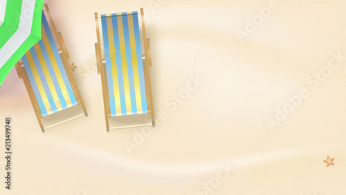 Summer sandy beach with sun umbrella and deck chairs, top view. Vector background of best moments of summer, flat lay. Horizontal 3D illustration of summer holidays on sunny beach