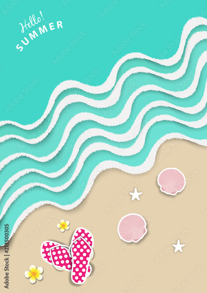 summer background, with ocean or sea wave and summer slipper shoe paper art style vector