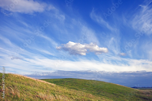 beautiful summer landscape with green hills and blue sky and clouds