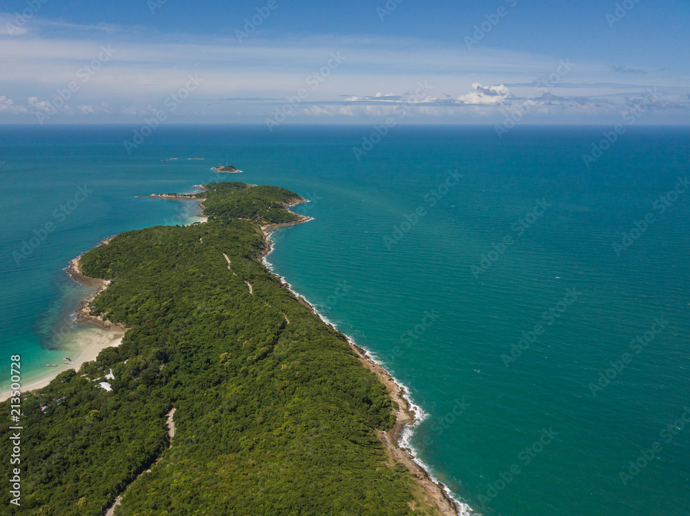 Aerial view of the sea and mountains of Koh Samet, Thailand.