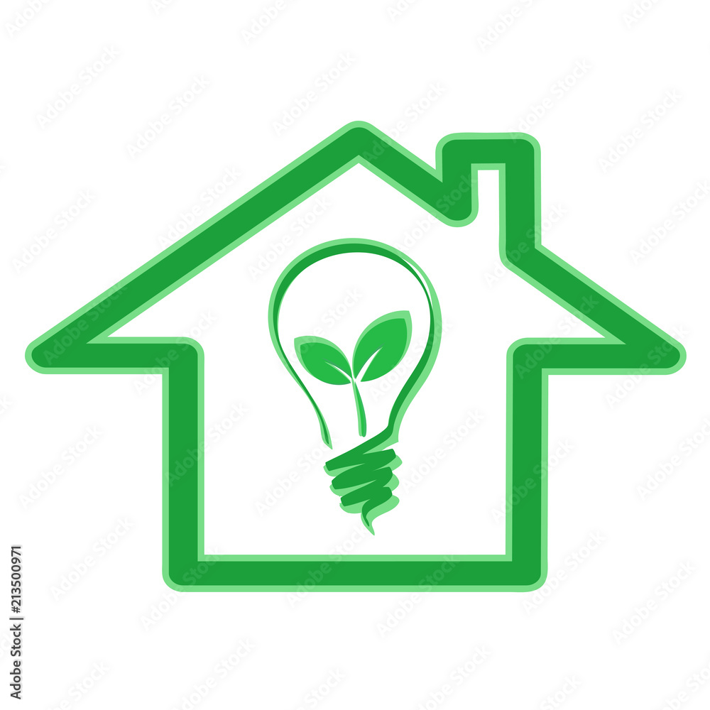 Green eco energy efficiency concept with house icon and light bulb with plant leaves, stock vector illustration Green eco energy efficiency concept with house icon and light bulb with plant leaves, stock vector illustration