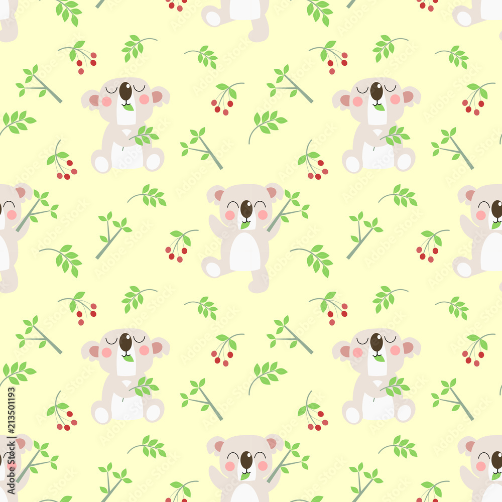 Cute koala and leaves on yellow pastel color background.