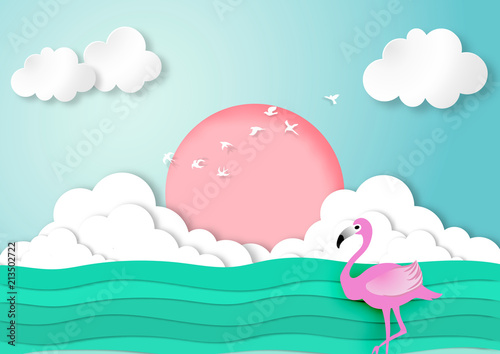 Flamingo in paper art style with sea and sky background vector illustration