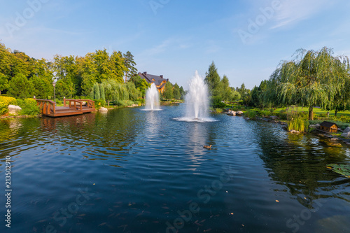 fountains over a blue lake with wild ducks and a wooden bridge. Novi Petrivtsi, Ukraine photo