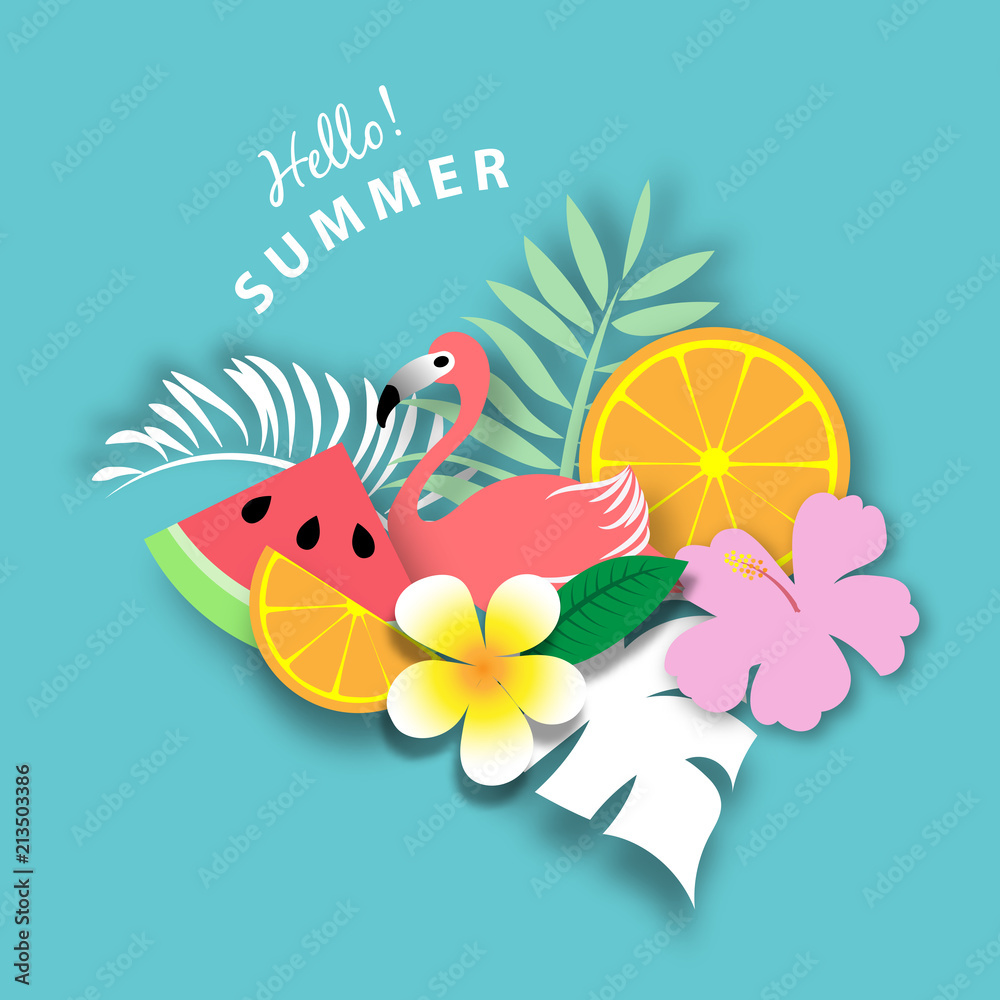 Tropical floral with flamingo in paper art style background vector illustration